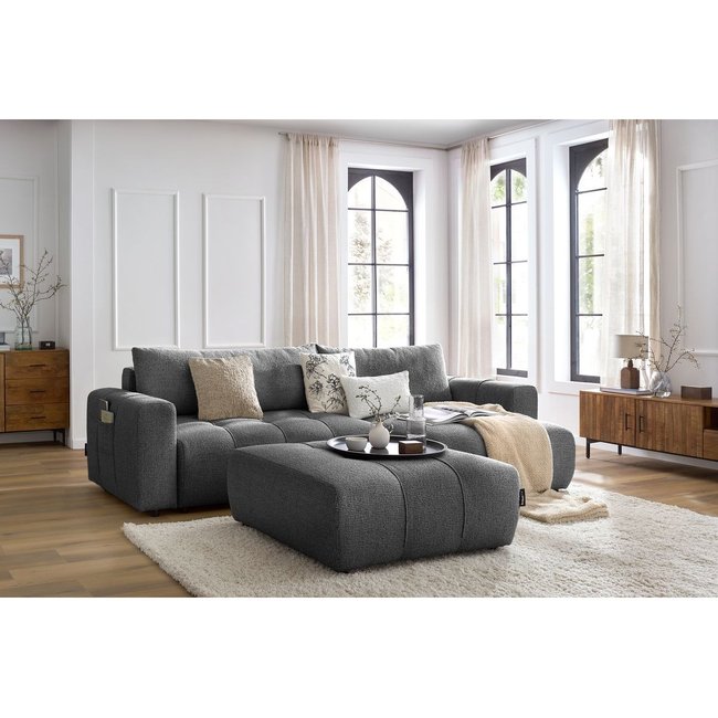 Canapé d'angle convertible 4 places en tissu chiné avec pouf, ARSENE - BOBOCHIC