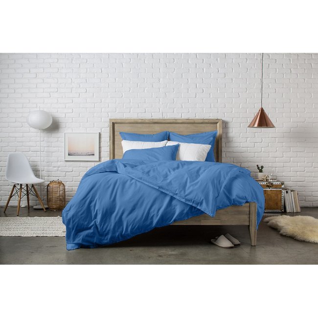 Housse de couette percale de coton lavé unie bleu <span itemprop=