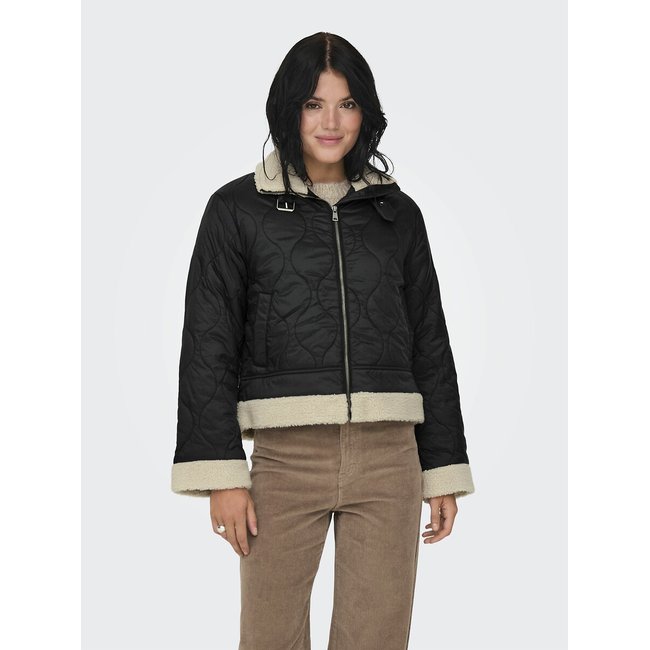 Blusão acolchoado estilo aviador, gola em sherpa preto <span itemprop=