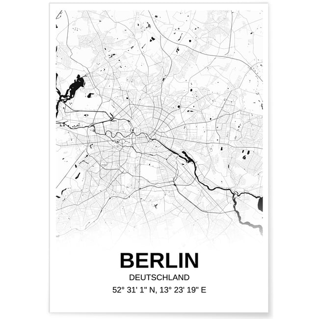 Affiche carte Berlin - rectangle Noir et Blanc Couleur blanc <span itemprop=