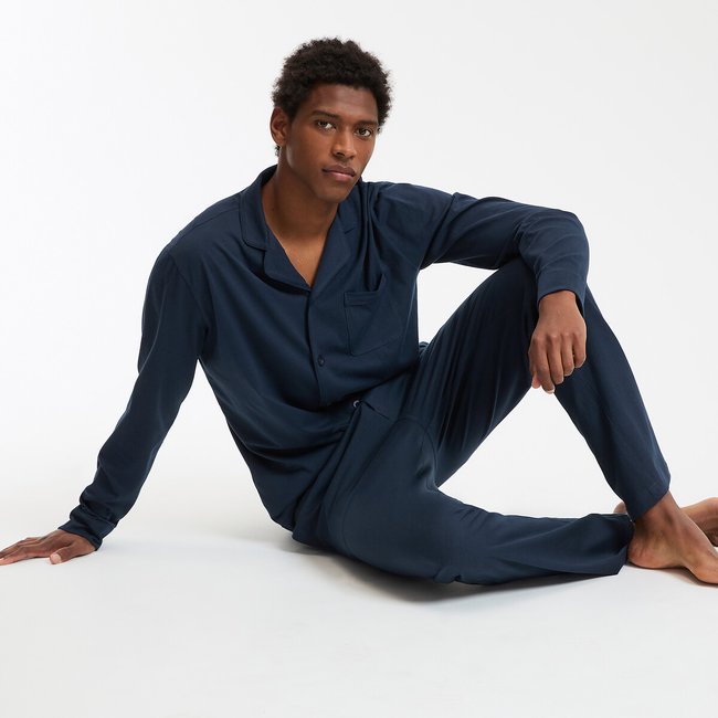 Long Pyjamas with Shirt Collar in Jersey, navy blue, LA REDOUTE COLLECTIONS