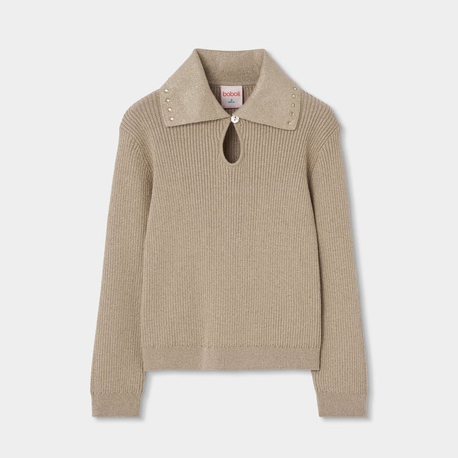 Pull fille avec col à revers et clous jaune <span itemprop=