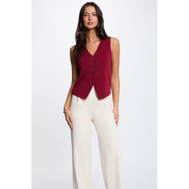 Gilet sans manches col v bordeaux <span itemprop=