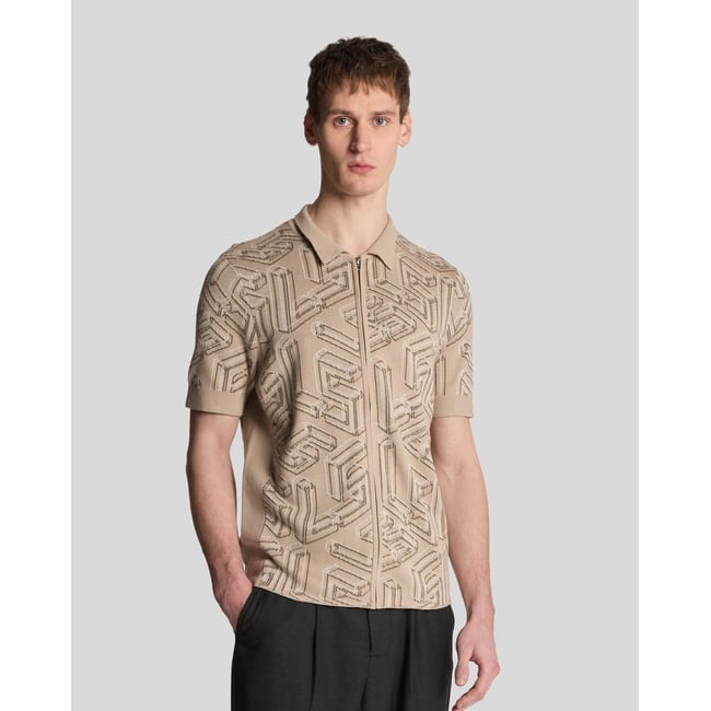 Polo zippé monogramme gris huître/ naturel <span itemprop=