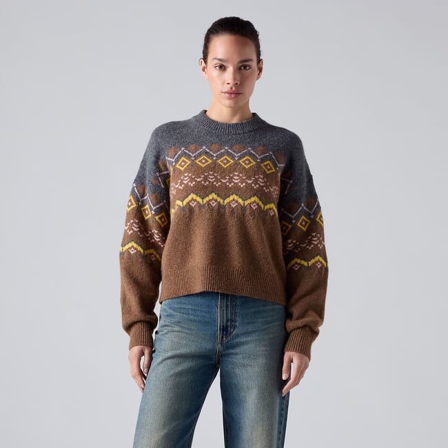 Pull jacquard col rond camel <span itemprop=