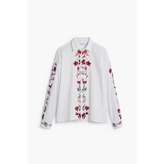 Chemise à manches longues brodée de fleurs blanc <span itemprop=