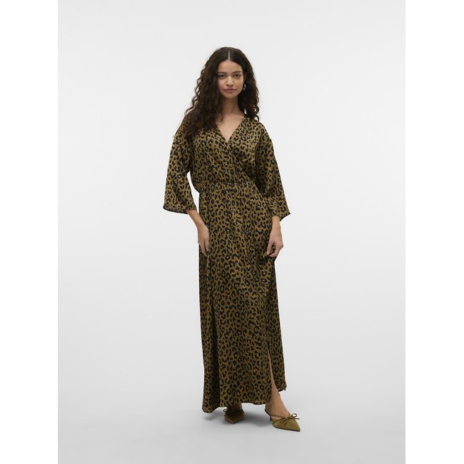 Vestido largo estampado con cuello de pico estampado de leopardo <span itemprop=