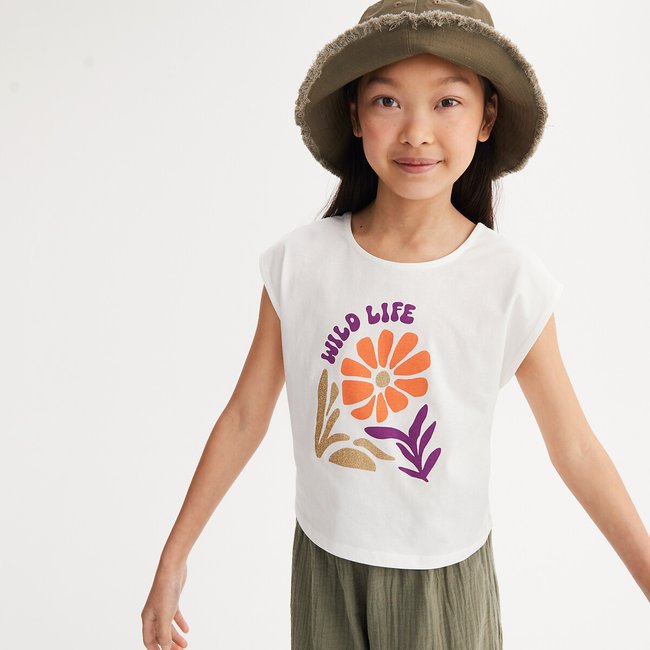 T-Shirt with Large Flower Print, ecru, LA REDOUTE COLLECTIONS