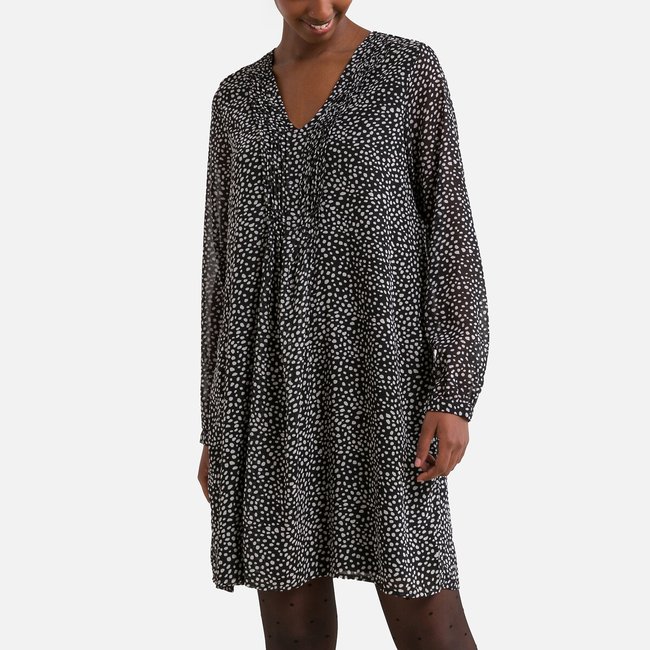 Robe courte imprimée, col V noir <span itemprop=