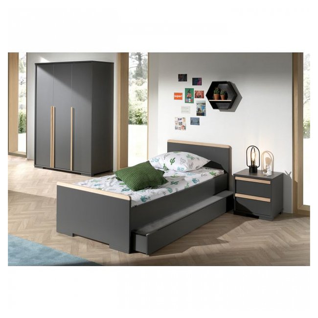 LONDON Lit + Chevet tiroirs + Armoire portes + Lit gigogne - VIPACK