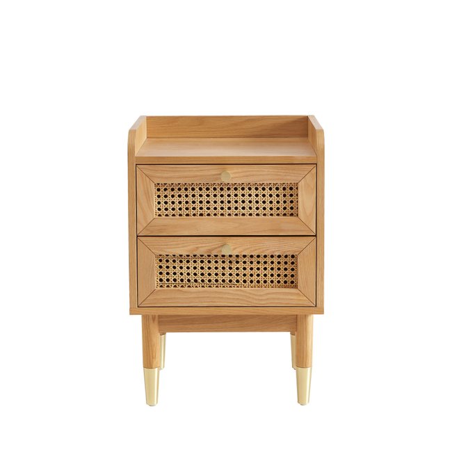 Table de chevet 2 tiroirs en bois et cannage - BOMBONG Couleur bois clair <span itemprop=
