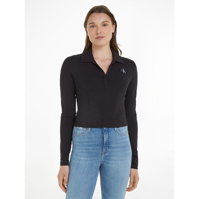 Poloshirt mit langen Ärmeln, Cropped-Länge schwarz <span itemprop=