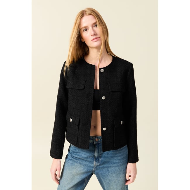 Veste manches longues en tweed noir <span itemprop=