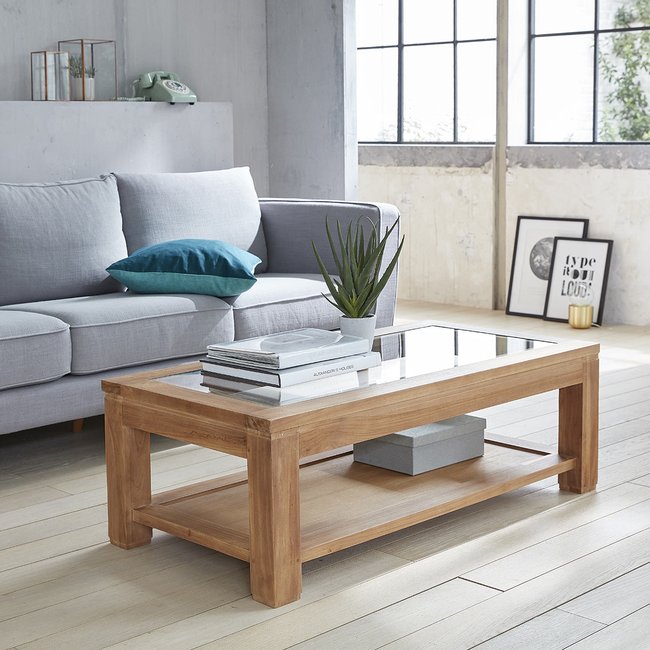 Table basse en teck massif vitrée BOSTON Couleur naturel <span itemprop=