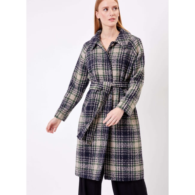 Manteau long en lainage motif BEKA bleu nuit vert <span itemprop=