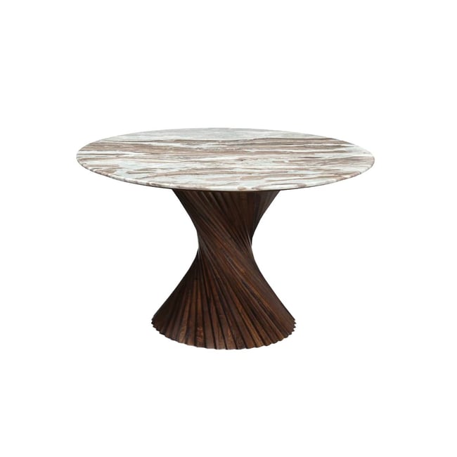 Table à manger ronde en bois de manguier et marbre ROSELIA Couleur bois foncé <span itemprop=