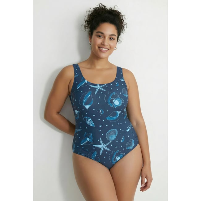 Maillot de bain motif coquillages bleu foncé <span itemprop=