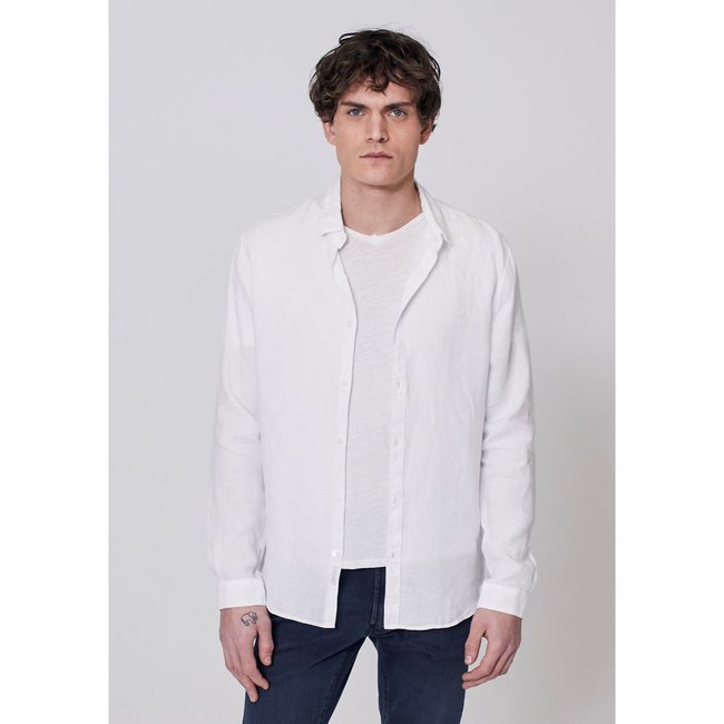 Chemise SLIM 100% lin blanc, bleu marine <span itemprop=