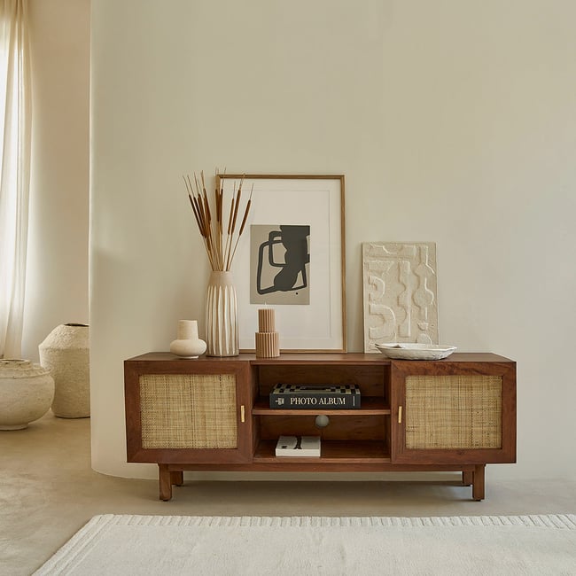 Meuble TV en bois massif et cannage 140 cm  RAPHAEL Couleur marron <span itemprop=