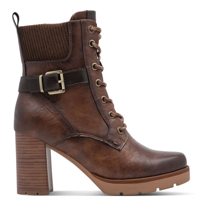 Bottine talon bloc marron cognac combiné <span itemprop=