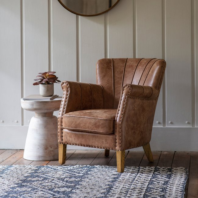 Gulmarg Brown Leather Armchair, brown, SO'HOME