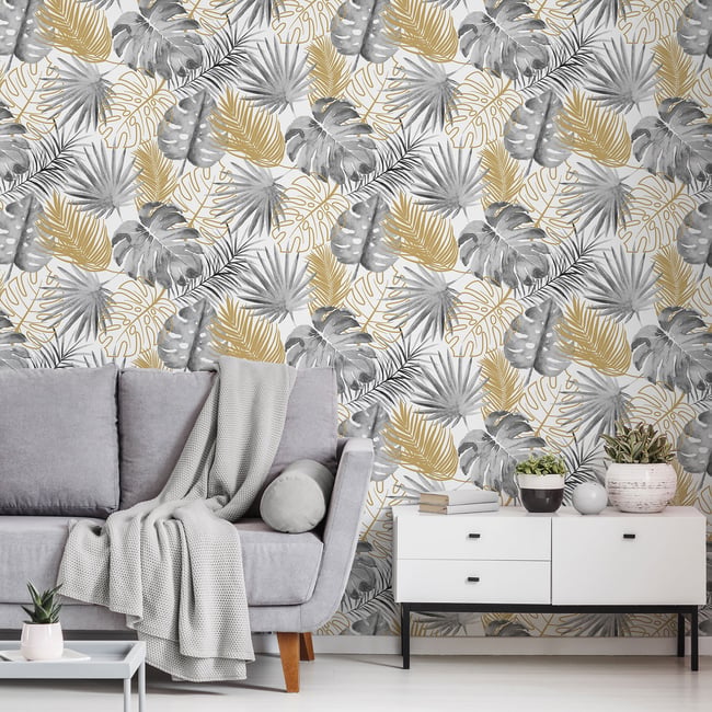 Papier peint jungle monstera dorée Couleur jaune <span itemprop=