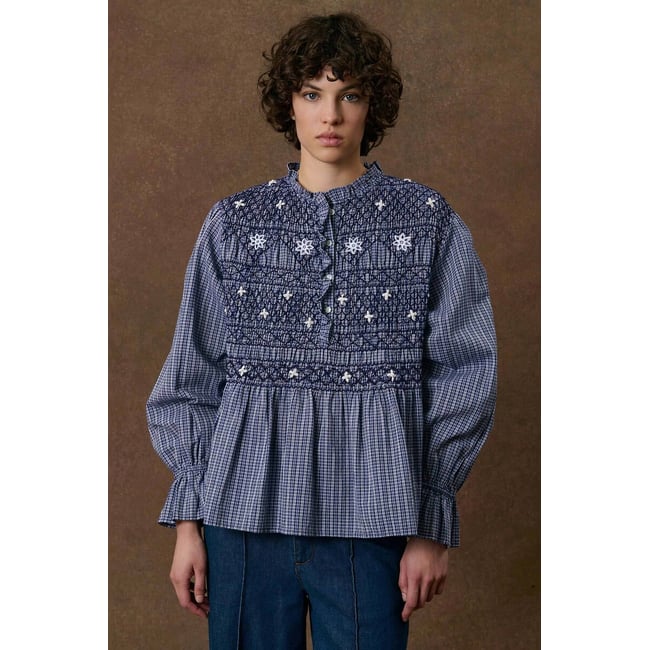 Blouse à carreaux et smocks col rond, ILEANA indigo <span itemprop=