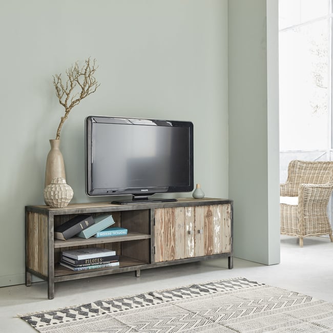 Meuble TV en bois recyclé massif 150 cm  INDUS Couleur gris <span itemprop=