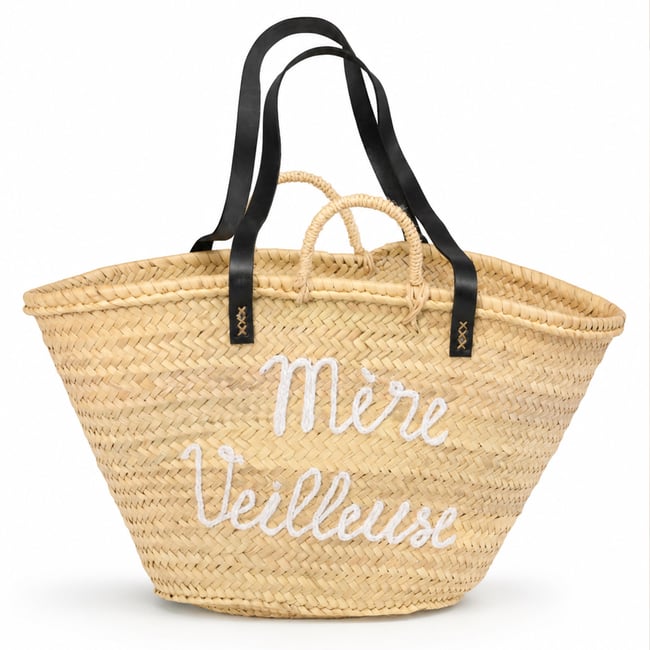 Panier tressé avec anses en cuir MERE VEILLEUSE -  LOJI Couleur blanc <span itemprop=