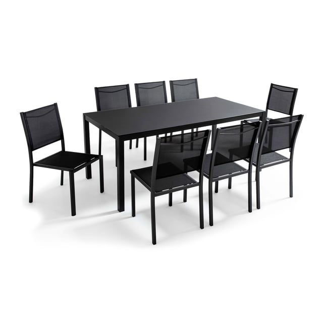 Table de jardin et 8 chaises en aluminium avec plateau en verre, AJACCIO noir <span itemprop=