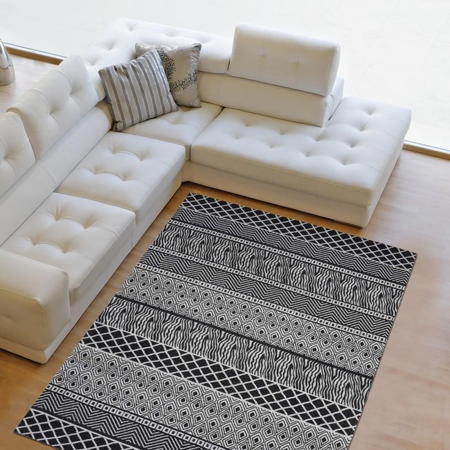 Tapis salon et chambre fait à la main motif ethnique ZIGZOU Couleur gris <span itemprop=
