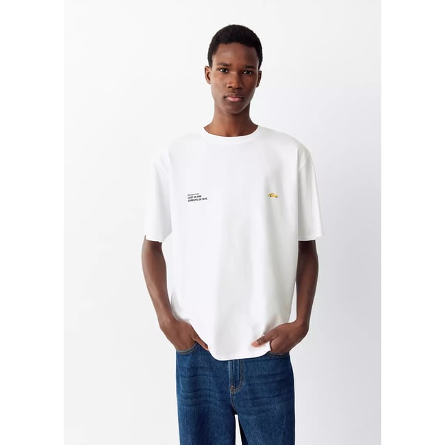 T-shirt coton détail imprimé blanc cassé <span itemprop=