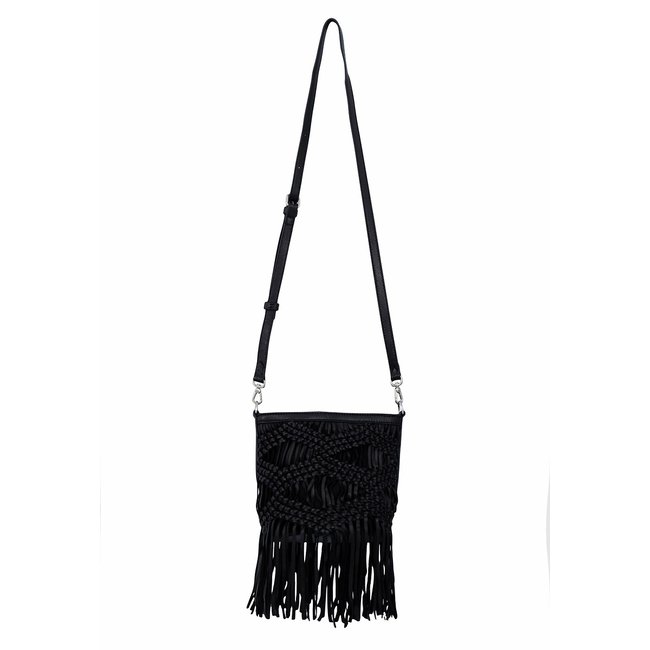 Crossbody bucket bag in fringed woven leather, black, IKKS