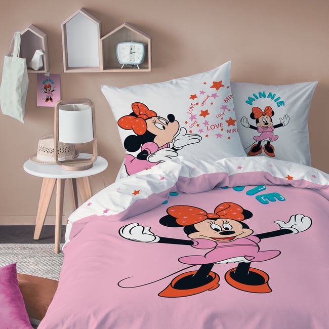 Parure de lit imprimée 100% coton, HAPPY rose <span itemprop=