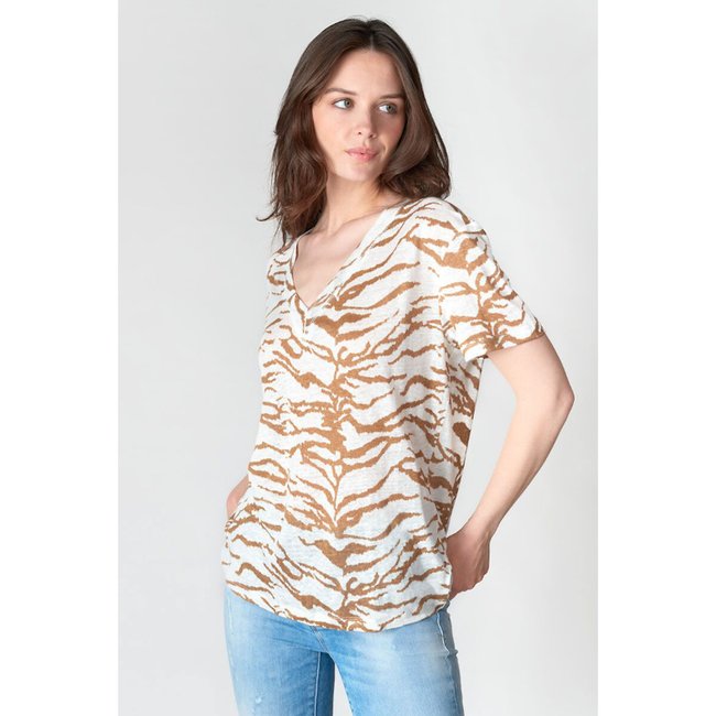 Printed Linen V-Neck T-Shirt, beige/white, LE TEMPS DES CERISES