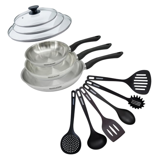 Set 3 poêles 20 24 et , couvercles verre et 6 ustensiles GENEVA inox|noir <span itemprop=