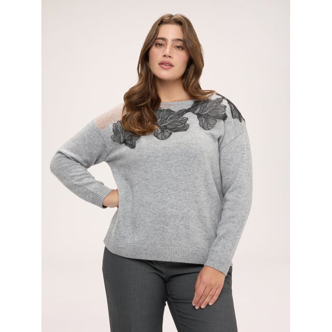 Pull avec applications florales gris <span itemprop=