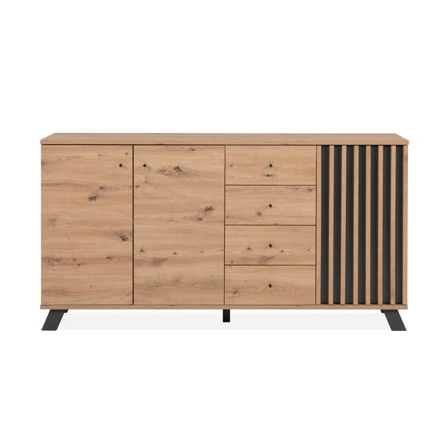 Buffet long moderne 1 porte noire rainurée 160 cm ALVA Couleur bois naturel <span itemprop=