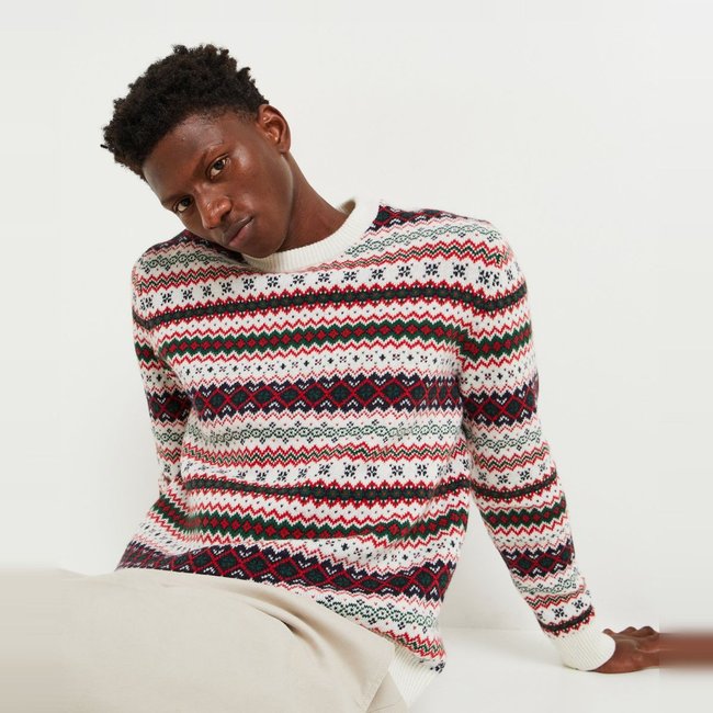 Pull jacquard de Noël contenant de la laine, Oeko-tex ecru <span itemprop=