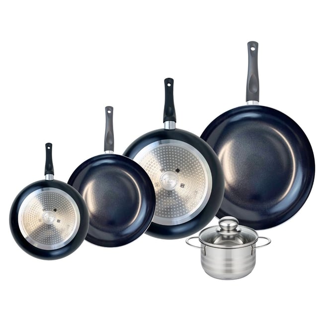 Batterie 4 poêles 20/24/28/32cm + 1 faitout 14cm PRIMA BRILLANT noir <span itemprop=
