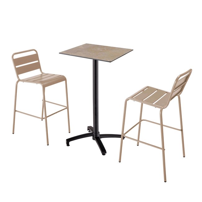 Table haute en HPL inclinable et 2 chaises hautes en métal, OPERA taupe <span itemprop=