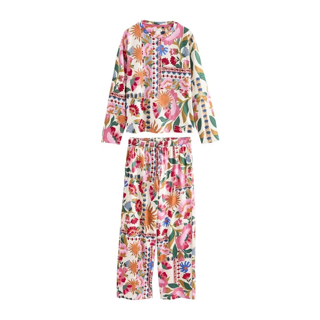 Pyjama à manches longues imprimé floral folk rose/crème <span itemprop=