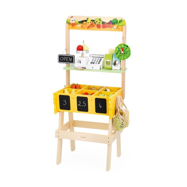 Stand de marché Ferme avec accessoires jaune, noir, vert <span itemprop=