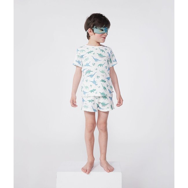 Pigiama corto da travestimento in cotone con dinosauri stampati bianco liscio PETIT BATEAU