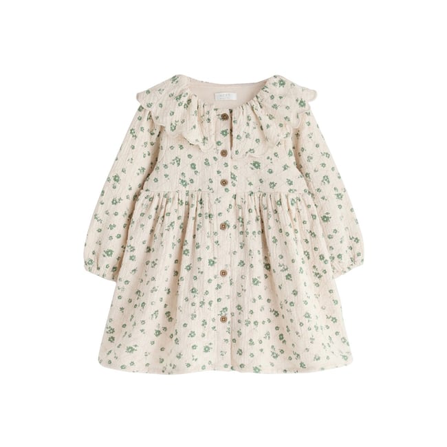 Robe à col et manches longues écru à petites fleurs <span itemprop=