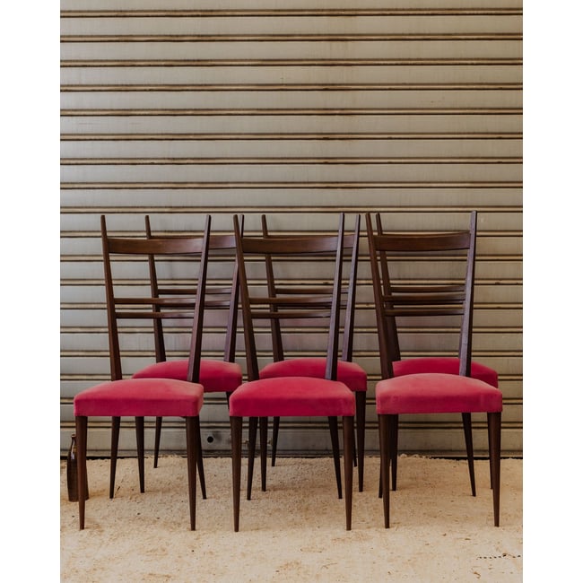 Lot de 6 chaises en bois et tissu rose Alma N°2123 - Bon état Couleur bois foncé <span itemprop=
