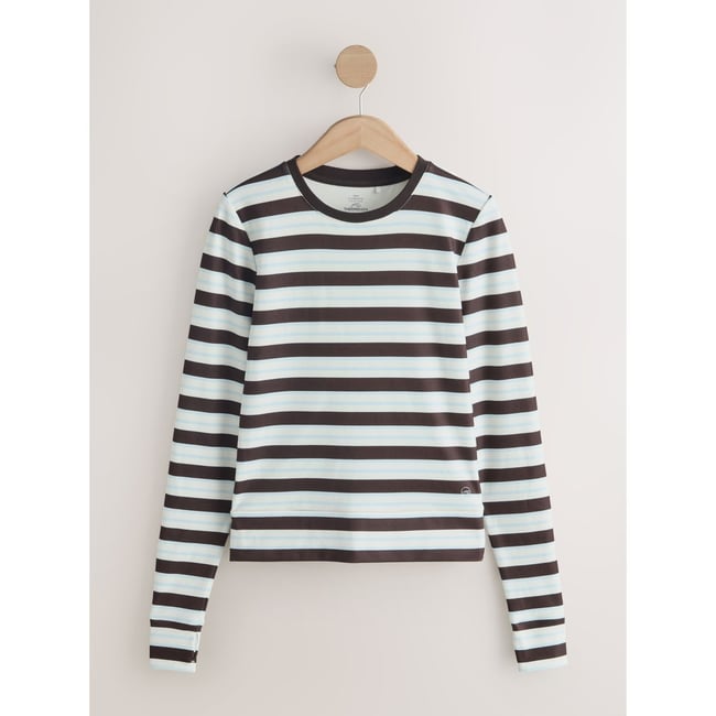Haut ras du cou thermique manches longues rayures écru/marron chocolat/bleu <span itemprop=
