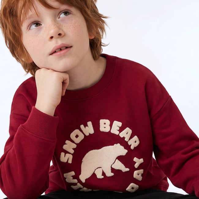 Sweat col rond doublé sherpa avec broderie en coton bordeaux <span itemprop=