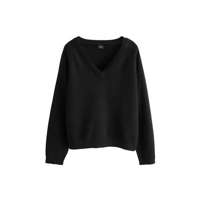 Pull en maille de coton mélangé à col v noir <span itemprop=