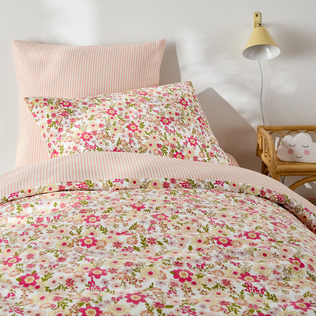 Funda nórdica para cama infantil, de franela, con estampado de flores, MEREDITH crudo/rosa <span itemprop=
